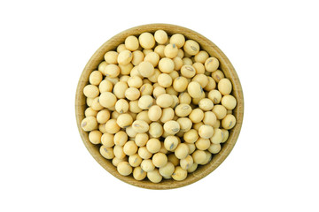 Soy beans in bowl wood top view isolated on white background with clipping path.
