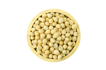 Soy beans in bowl wood top view isolated on white background with clipping path.