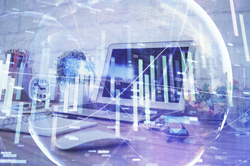 Multi exposure of business theme icons and work space with computer background. Concept of success.