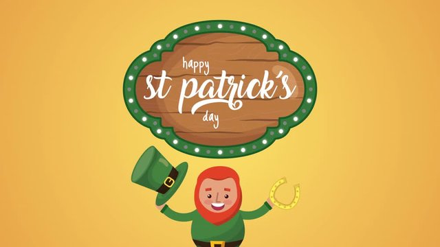 st patricks day animated card with elf and wooden label