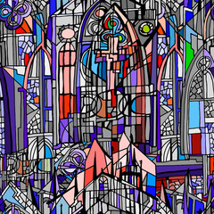Abstract colorful illustration with fictional gothic city and stained glass patterns. Hand drawn. 