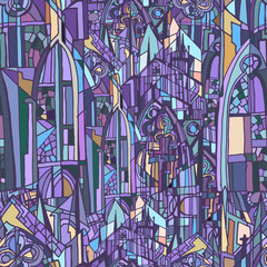 Naklejka na ściany i meble Abstract colorful illustration featuring fictional gothic city. Night. Hand drawn. 