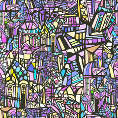 Abstract colorful illustration with fictional magic city.