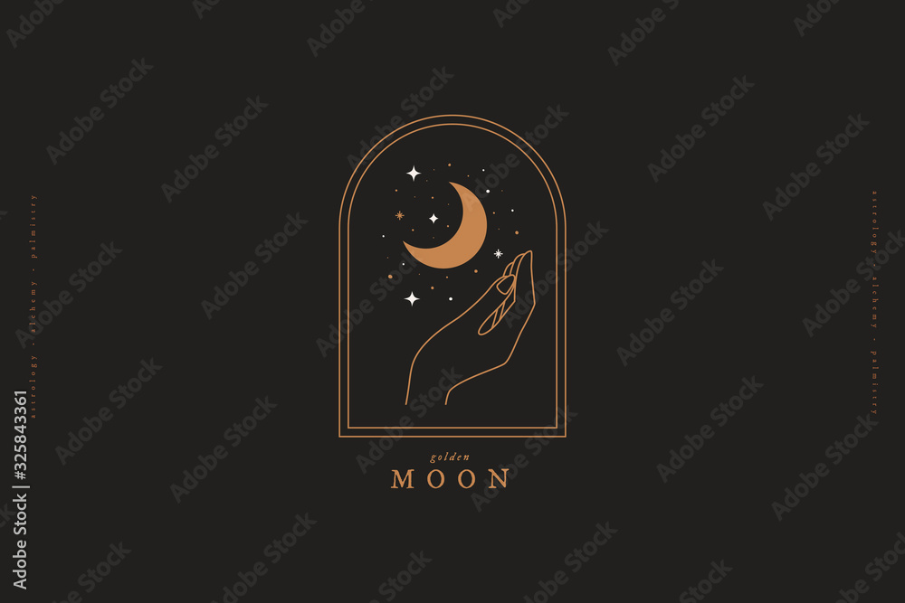 Poster Mystical composition with hand, stars and crescent on a dark background. Boho style and esoteric. Ethnic magic and astrological symbols. Logo template in simple linear style. Vector illustration.