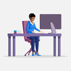 Woman at computer vector flat illustration. Technical support, virtual office or outsourcing concept.