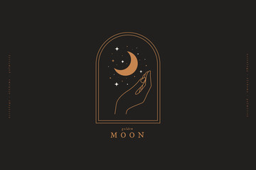 Mystical composition with hand, stars and crescent on a dark background. Boho style and esoteric. Ethnic magic and astrological symbols. Logo template in simple linear style. Vector illustration.