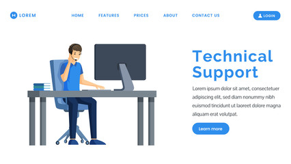 Technical support landing page vector template. Call center and service web banner design.