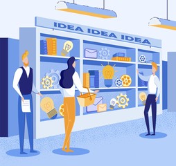 Fototapeta premium Advertising Flyer Marketing Good Idea Purchase. Critical Thinking and Specific Answers for Choosing Ideas. Woman with Basket Walks to Shelves Filled with Objects. Man Offers Goods.