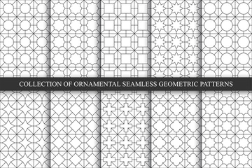 Collection of seamless ornamental geometric minimalistic patterns. White simple oriental grid repatable backgrounds. Symmetric outline textures
