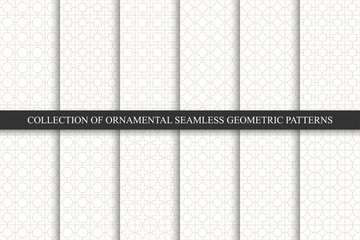 Collection of seamless geometric ornamental minimalistic patterns. White oriental luxury backgrounds. Grid symmetric design