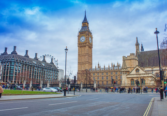 Fototapeta na wymiar street in London city. Big Ben in background, long exposure photo