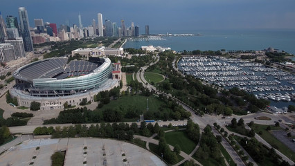 Chicago, Illinois lakefront aerial seen from the shores of Lake Michigan in late summer