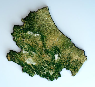 Satellite view of the Abruzzo region. Italy. 3d render. Physical map of Abruzzo, plains, mountains, lakes, mountain range of the Apennines