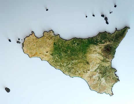 Satellite view of the Sicily region. Italy. 3d render. Physical map of Sicilia, plains, mountains, lakes, mountain range