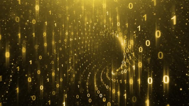 Golden binary data transfer funnel tunnel animation background.