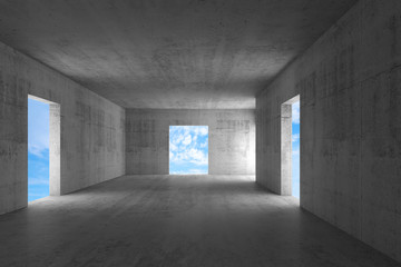 Abstract empty concrete corridor with blue sky