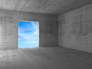 Blue sky behind an empty doorway in a corner