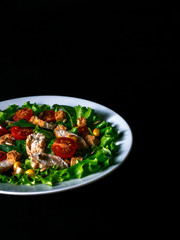 For the restaurant m. Mexican salad with herbs, chicken breast fillet, tomatoes, corn, seeds and crackers. The place to insert the text. Copy space. Isolate on a black background. free space