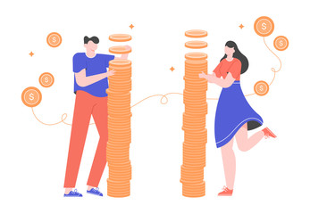 Characters near stacks of gold coins. Savings and economy. Financial independence. Money management. Big win. Online banking and wallets. Vector flat illustration.