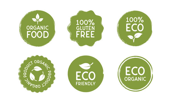 Stickers for Organic and Eco friendly products in minimal vintage design. Vector Eco badges in circle shape with leaves icons isolated on white background.
