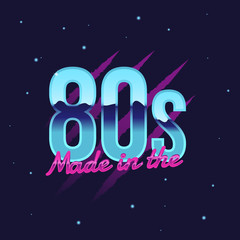 Made in the 80's text in retro outrun style.  Retro neon logo template with claw scratch. Retro prints for T-shirt, typography. Vector illustration - obrazy, fototapety, plakaty