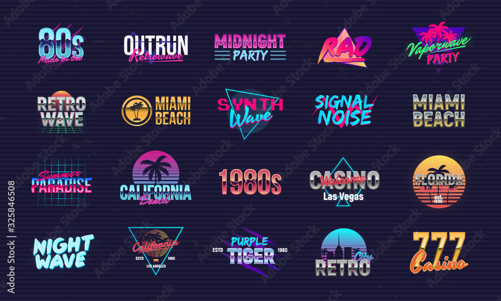 Wall mural vector set of signs and logos in retrowave style. retro 80's logos set for night club, music album,  - Wall murals
