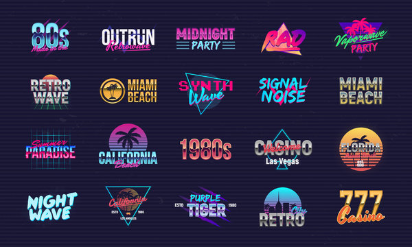Vector set of signs and logos in Retrowave style. Retro 80's logos set for Night club, music album, party invitation designs. Print for t-shirt, tee. 20 colorful neon logo designs.