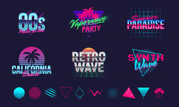 6 Retro neon logo templates and 10 trendy elements to create your own design. Print for t-shirt, banner, poster, cover, badge and label. Retro 80's typography design. Vector illustration