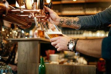 Tattooed caucasian barman pouring beer while standing in pub. Selective focus on hand. - obrazy, fototapety, plakaty