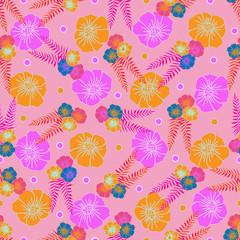 Festive Poppies -Flowers in Bloom Seamless repeat pattern. Poppy flowers and fern leaves pattern background in pink, blue and yellow. Surface pattern design. Perfect for Fabric, scrapbook,wallpaper