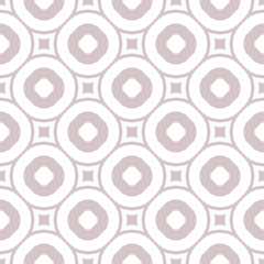 Vector geometric seamless pattern in trendy pastel colors, rose pink and white. Abstract texture with big circles, rings, squares, round grid. Simple modern background. Repeat design for decoration