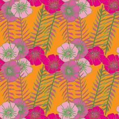 Fotobehang Festive Silk -Flowers in Bloom Seamless repeat pattern. Poppy flowers and fern leaves pattern background in pink, green and orange. Surface pattern design. Perfect for Fabric, scrapbook,wallpaper © Tal la Vie