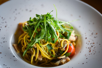 delicious fresh italian pasta with fish & rucola salad
