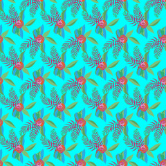 Fototapeta na wymiar Festive Flowers and Fern -Flowers in Bloom Seamless repeat pattern. Flowers and fern leaves pattern background in pink,green and blue. Surface pattern design. Perfect for Fabric, scrapbook,wallpaper