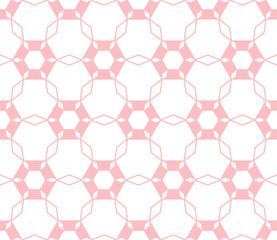 Subtle white and pink vector geometric seamless pattern. Abstract ornament with hexagonal grid, lattice, net, diamond shapes. Delicate fine line background texture. Repeat design for decor, wallpapers