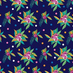 Floral Nights-Flowers in Bloom seamless repeat pattern. Flowers and fern leaves pattern background in pink,green,yellow,blue,orange and white.Surface pattern design. for Fabric, scrapbook,wallpaper