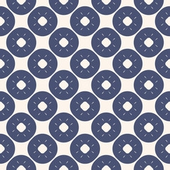 Vector floral seamless pattern. Simple geometric background with flower shapes, circles, dots, repeat tiles. Abstract navy blue and beige ornamental texture. Stylish design for decor, fabric, prints