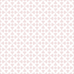 Subtle vector seamless pattern. Simple geometric texture with crosses, rounded shapes, circles, dots. Elegant abstract background in pale pink and white colors. Repeatable design for decor, wallpapers