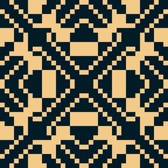 Fototapeta premium Vector geometric traditional folk ornament. Ethnic seamless pattern. Ornamental background with small squares, crosses, snowflakes, floral shapes. Texture of embroidery, knitting. Black and gold color