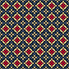 Vector geometric seamless pattern. Traditional folk ornament. Texture with small rhombuses, flower silhouettes, diamonds. Tribal ethnic motif. Red, yellow, blue and black colors. Repeatable background
