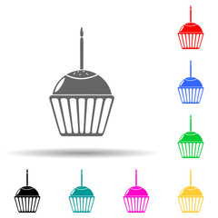 cupcake with a candle multi color style icon. Simple glyph, flat vector of party icons for ui and ux, website or mobile application