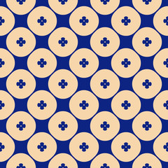 Vector geometric floral pattern. Elegant seamless texture with small flowers, crosses, circular grid, lattice, net. Simple abstract ornamental background in dark blue and yellow color. Repeat design