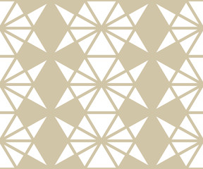 Golden vector geometric pattern with triangles, hexagon grid, net. Gold and white abstract minimalist texture. Elegant minimal ornament background. Simple luxury repeat design for decor, wallpapers