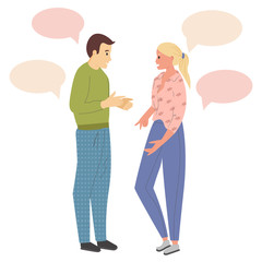Friendly man and woman are talking cartoon characters.  Multilingual greeting flat vector illustration. Businessmen discuss social network, news, social networks, chat, dialogue speech bubbles