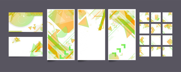 Green abstract set summer background universal art header template. Collage made with scribbles canyon strokes