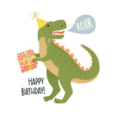 Party invitation card template with dinosaur design flat style concept. © Angelina Bambina