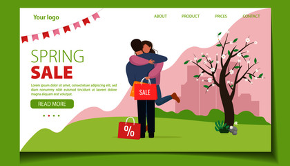 Man and woman with shopping bags, spring sale concept. Landing page template. Cute vector illustration in flat style.
