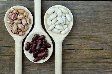 Close-up top view on wooden spoons with different varieties of kidney beans. White, red and pinto beans in spoons. Wood background. Place for text