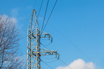 High-voltage electricity power line close view