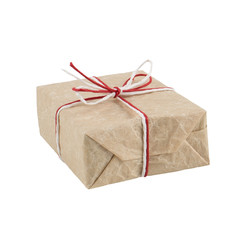 From craft paper, a gift tied with a red and white rope and a bow. Isolate on a white background.